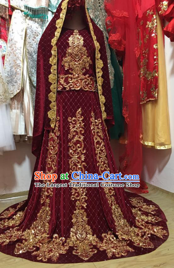 Asian India Bride Lehenga Dress Garment Indian Traditional Wedding Wine Red Velvet Clothing