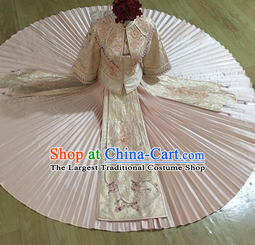 Chinese Traditional Wedding Garment Costumes Bride Pink Xiuhe Suits Hui Ethnic Woman Dress Clothing