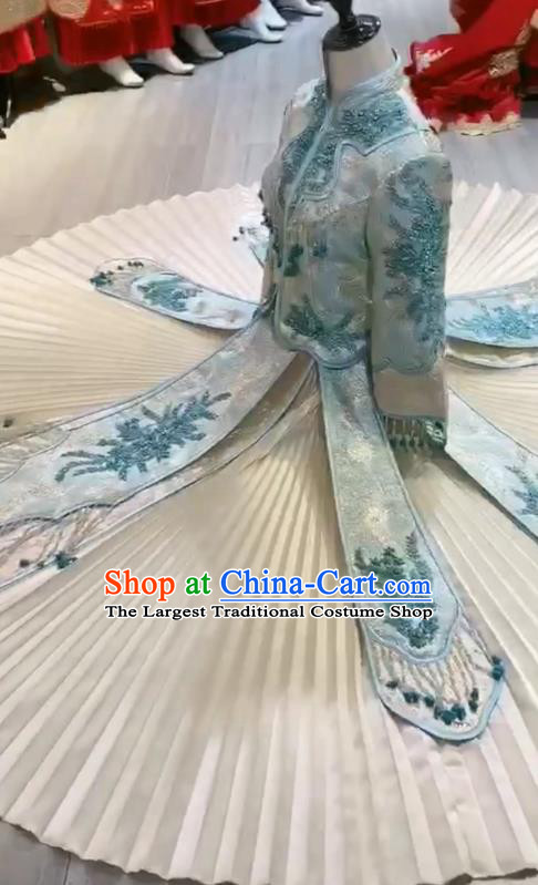 Chinese Hui Ethnic Bride Dress Clothing Traditional Wedding Garment Costumes Classical Blue Xiuhe Suits