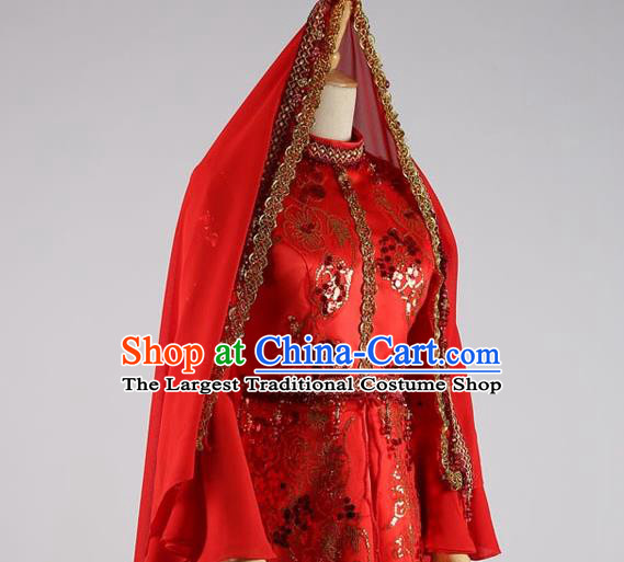 Chinese Classical Embroidered Red Dress Hui Ethnic Bride Clothing Traditional Wedding Garment Costumes