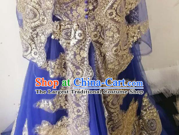 Chinese Traditional Wedding Garment Costumes Classical Embroidered Royalblue Dress Hui Ethnic Bride Clothing