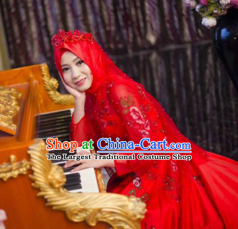 Chinese Traditional Wedding Garment Costumes Hui Ethnic Bride Clothing Classical Embroidered Red Trailing Dress and Headdress