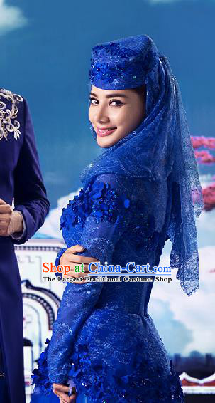 Chinese Traditional Hui Nationality Wedding Garment Costumes Ethnic Bride Clothing Classical Embroidered Blue Full Dress