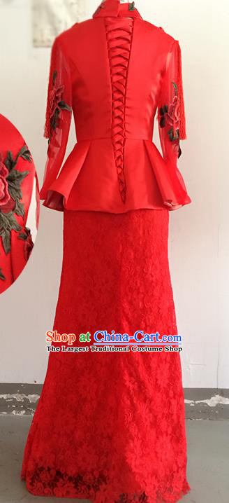 Chinese Ethnic Bride Red Lace Clothing Classical Embroidered Full Dress Traditional Hui Nationality Wedding Garment Costumes