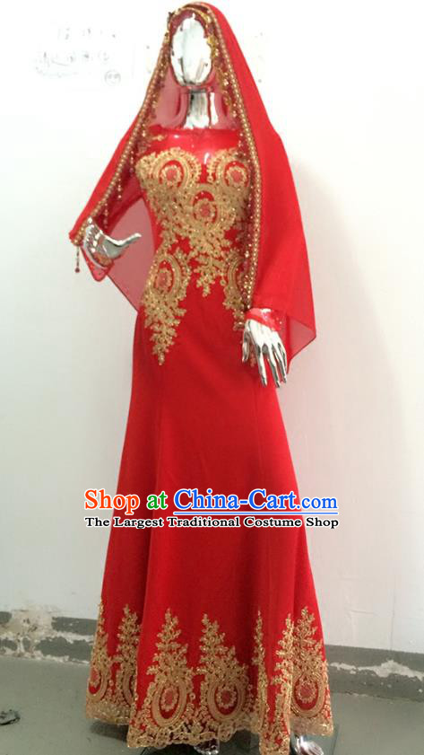 Chinese Traditional Hui Nationality Wedding Garment Costumes Ethnic Bride Clothing Classical Embroidered Red Full Dress