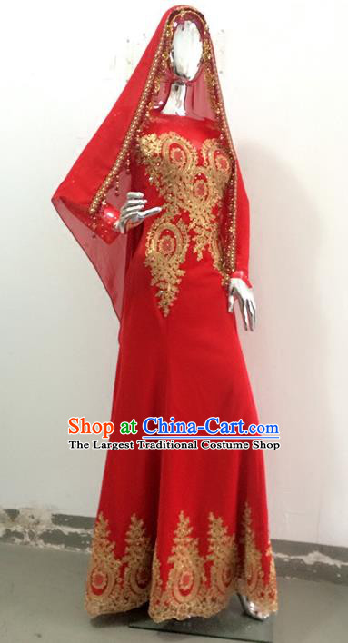 Chinese Traditional Hui Nationality Wedding Garment Costumes Ethnic Bride Clothing Classical Embroidered Red Full Dress