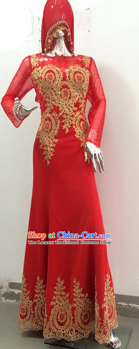 Chinese Traditional Hui Nationality Wedding Garment Costumes Ethnic Bride Clothing Classical Embroidered Red Full Dress