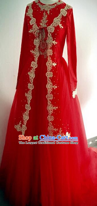 Chinese Classical Embroidered Red Full Dress Traditional Ethnic Wedding Garment Costumes Hui Nationality Bride Clothing