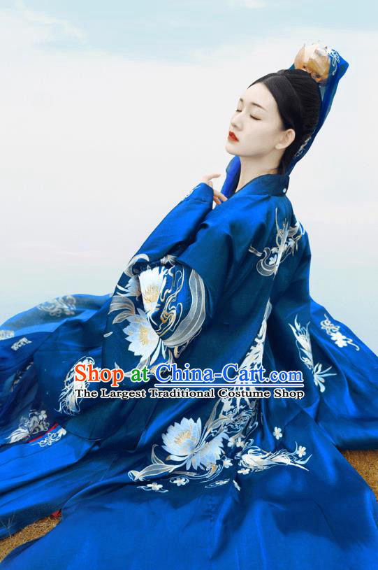 China Ancient Palace Princess Blue Hanfu Dress Garments Traditional Tang Dynasty Court Beauty Dance Clothing