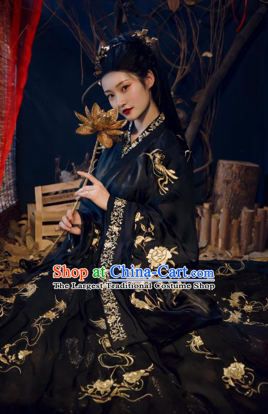 China Traditional Jin Dynasty Imperial Concubine Historical Clothing Ancient Palace Lady Embroidered Black Hanfu Dress Garments for Women