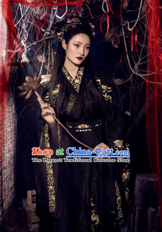 China Traditional Jin Dynasty Imperial Concubine Historical Clothing Ancient Palace Lady Embroidered Black Hanfu Dress Garments for Women