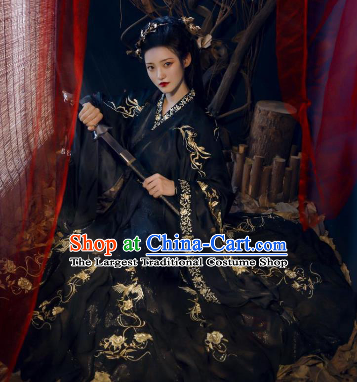 China Traditional Jin Dynasty Imperial Concubine Historical Clothing Ancient Palace Lady Embroidered Black Hanfu Dress Garments for Women