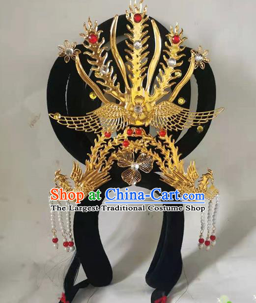 Chinese Beijing Opera Hua Tan Headdress Classical Dance Hair Accessories Traditional Stage Performance Wigs and Golden Phoenix Hair Crown