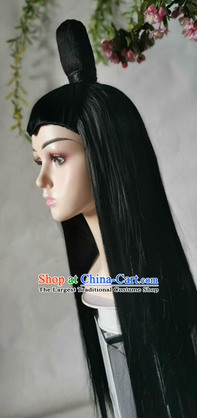 China Cosplay Swordsman Wigs Traditional Tang Dynasty Childe Black Long Wig Sheath Headwear