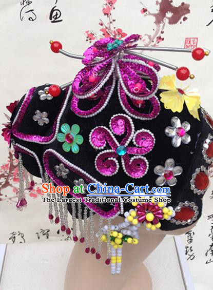 Chinese Stage Performance Headdress Classical Dance Wigs Sheath Traditional Peking Opera Diva Purple Butterfly Hair Accessories