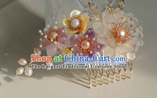 China Ancient Princess White Peony Hairpin Ming Dynasty Amethyst Plum Hair Comb Traditional Hanfu Hair Accessories