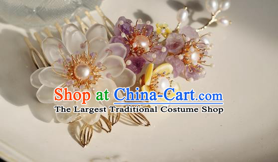 China Ancient Princess White Peony Hairpin Ming Dynasty Amethyst Plum Hair Comb Traditional Hanfu Hair Accessories