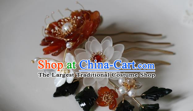 China Ancient Princess Agate Chrysanthemum Hairpin Ming Dynasty Lotus Hair Comb Traditional Hanfu Hair Accessories