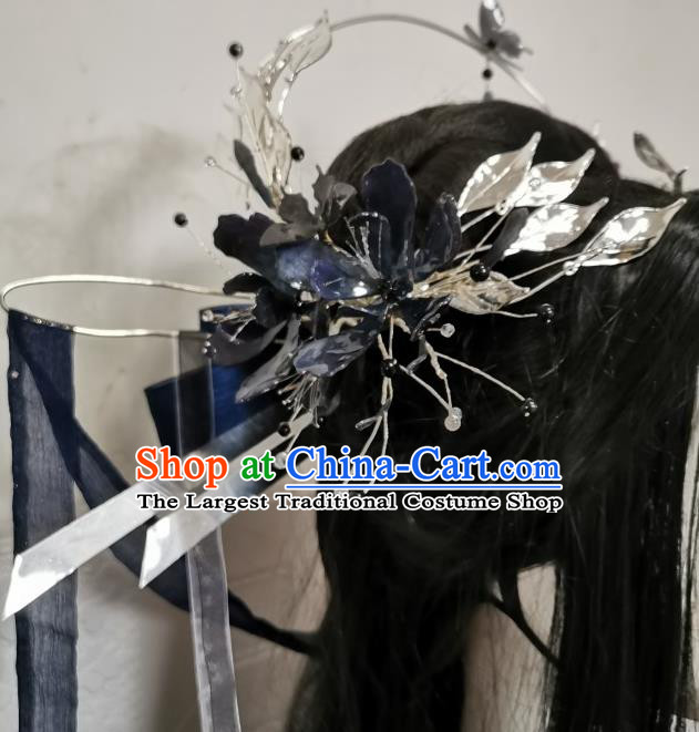 China Handmade Navy Ribbon Hair Crown Traditional Hanfu Cosplay Swordswoman Hair Accessories Ancient Fairy Headdress