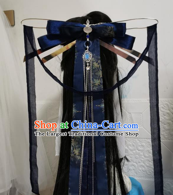China Ancient Fairy Headdress Handmade Navy Ribbon Hair Comb Traditional Hanfu Cosplay Swordswoman Hair Accessories