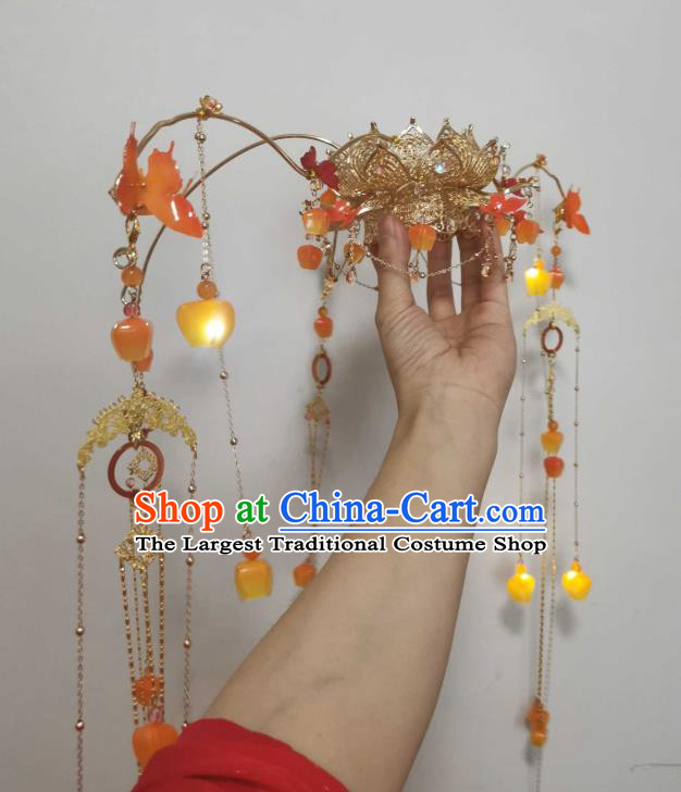 China Cosplay Swordswoman Hair Accessories Ancient Fairy Lanterns Headdress Handmade Traditional Hanfu Golden Lotus Hair Crown