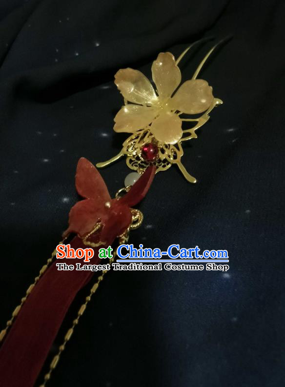 China Handmade Traditional Hanfu Red Ribbon Tassel Hair Stick Ancient Fairy Peach Blossom Hairpin Cosplay Swordswoman Hair Accessories