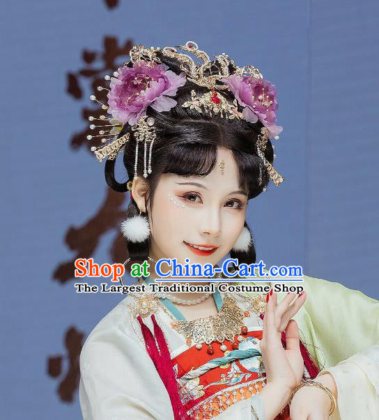 China Tang Dynasty Hair Accessories Handmade Traditional Hanfu Golden Phoenix Hair Crown Ancient Princess Hairpin Complete Set