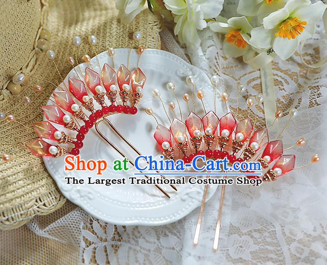 China Traditional Ming Dynasty Hair Stick Handmade Ancient Princess Red Flower Petals Hairpin