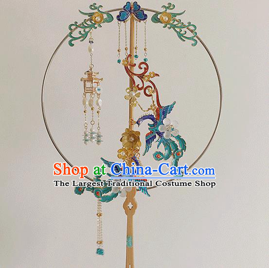 Chinese Handmade Cloisonne Phoenix Fans Bride Circular Fan Traditional Wedding Prop Fan Classical Dance Palace Fan