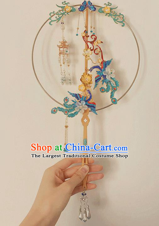 Chinese Handmade Cloisonne Phoenix Fans Bride Circular Fan Traditional Wedding Prop Fan Classical Dance Palace Fan