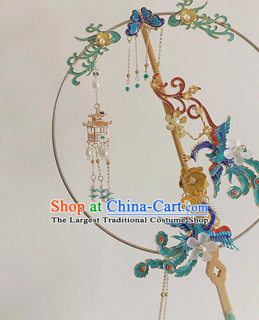 Chinese Handmade Cloisonne Phoenix Fans Bride Circular Fan Traditional Wedding Prop Fan Classical Dance Palace Fan