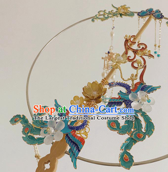Chinese Handmade Cloisonne Phoenix Fans Bride Circular Fan Traditional Wedding Prop Fan Classical Dance Palace Fan