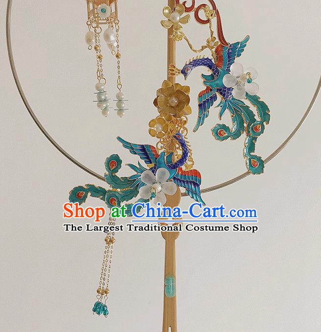 Chinese Handmade Cloisonne Phoenix Fans Bride Circular Fan Traditional Wedding Prop Fan Classical Dance Palace Fan