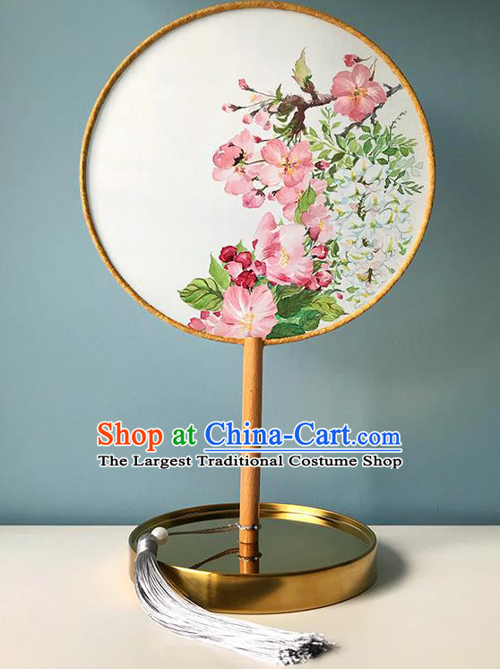 Chinese Classical Dance Palace Fan Handmade Painting Flowers Fans Bride Circular Fan Traditional Wedding Fan