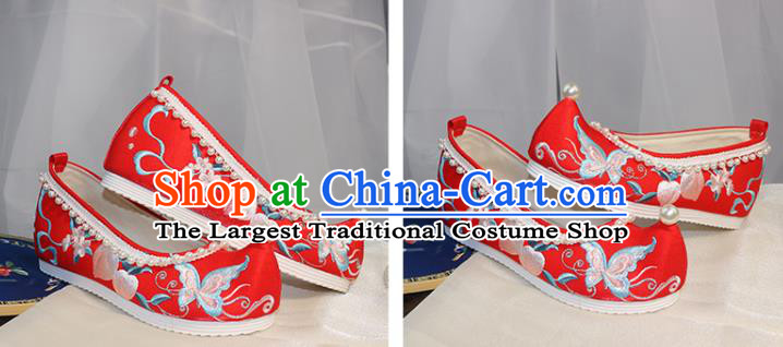 Chinese Wedding Pearls Shoes Traditional Hanfu Shoes Ancient Princess Shoes Ming Dynasty Red Embroidered Shoes
