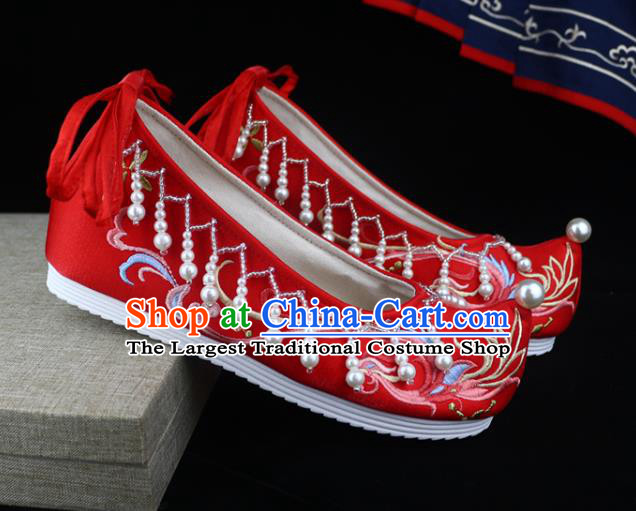 Chinese Wedding Embroidered Shoes Red Satin Shoes Traditional Ming Dynasty Hanfu Shoes Ancient Princess Bow Shoes