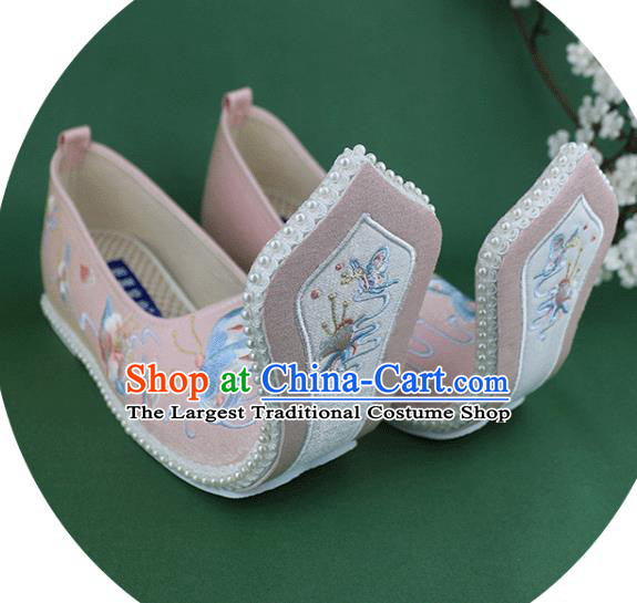 Chinese Embroidered Butterfly Pink Cloth Shoes Traditional Zhou Dynasty Hanfu Shoes Ancient Princess Shoes