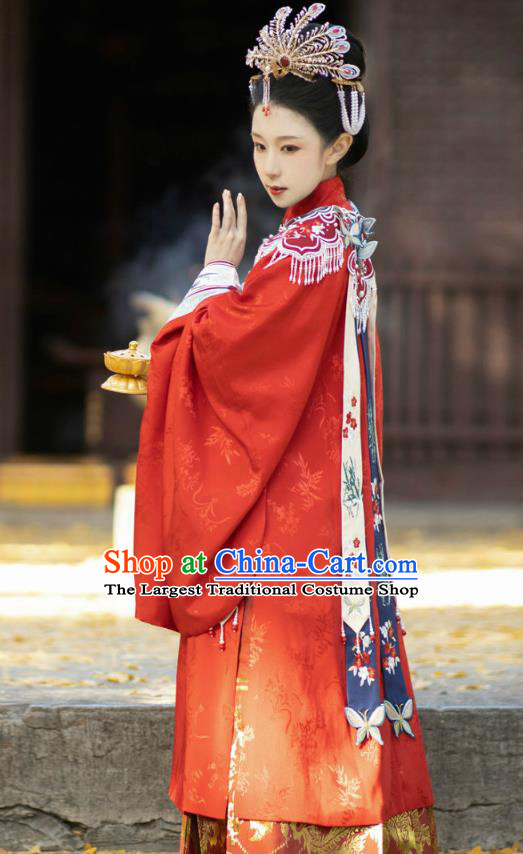 China Traditional Wedding Hanfu Garments Ming Dynasty Imperial Consort Embroidered Red Dress Ancient Noble Woman Historical Clothing