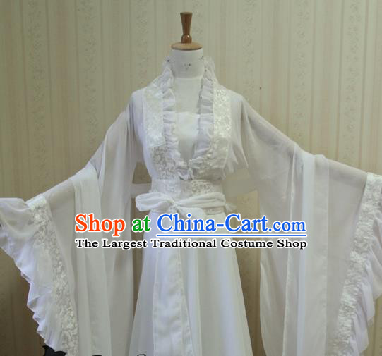 China Ancient Princess Garments Traditional Jin Dynasty Young Lady White Hanfu Dress Cosplay Swordswoman Qing Jiujiu Clothing