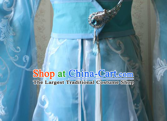 Chinese Traditional JIn Dynasty Childe Apparels Ancient Scholar Garment Costumes Cosplay Swordsman Su Yu Blue Hanfu Clothing