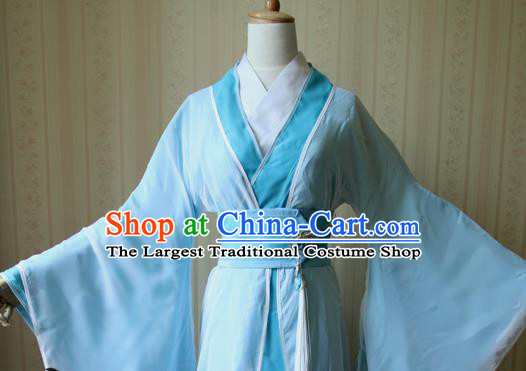 Chinese Traditional JIn Dynasty Childe Apparels Ancient Scholar Garment Costumes Cosplay Swordsman Su Yu Blue Hanfu Clothing