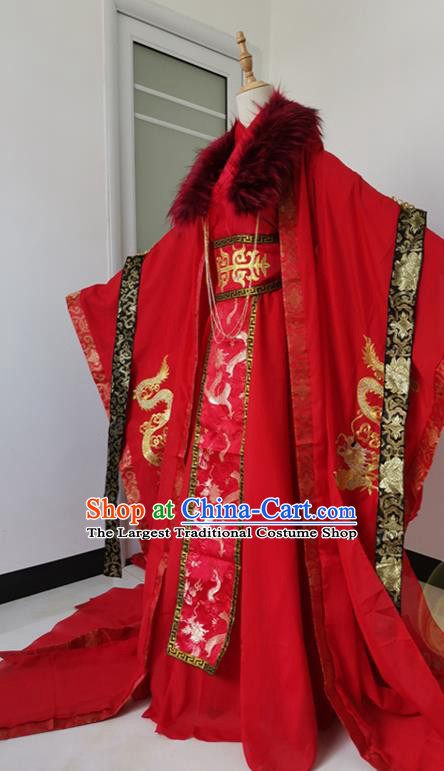 Chinese Cosplay Swordsman Red Hanfu Clothing Traditional Qin Dynasty King Apparels Ancient Crown Prince Garment Costumes