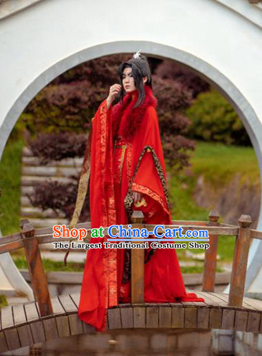 Chinese Cosplay Swordsman Red Hanfu Clothing Traditional Qin Dynasty King Apparels Ancient Crown Prince Garment Costumes