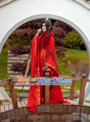 Chinese Cosplay Swordsman Red Hanfu Clothing Traditional Qin Dynasty King Apparels Ancient Crown Prince Garment Costumes