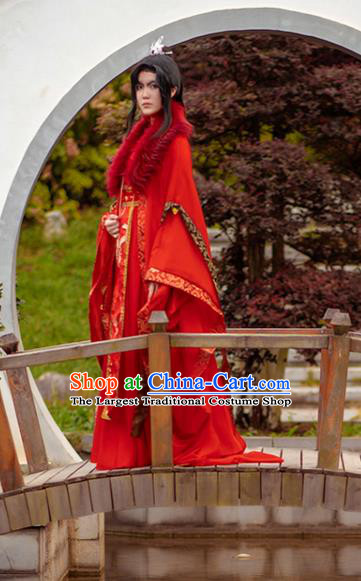 Chinese Cosplay Swordsman Red Hanfu Clothing Traditional Qin Dynasty King Apparels Ancient Crown Prince Garment Costumes