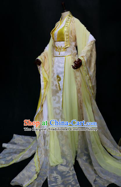 China Traditional Qin Dynasty Empress Yellow Hanfu Dress Cosplay Swordswoman Clothing Ancient Royal Queen Garments