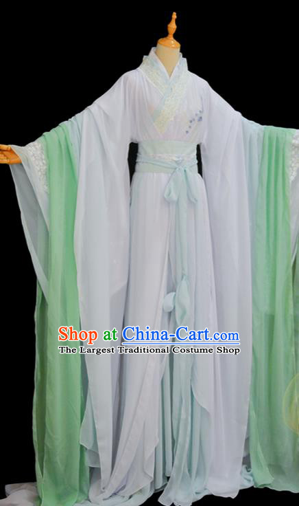 China Ancient Goddess White Garments Traditional Jin Dynasty Empress Hanfu Dress Cosplay Swordswoman Bai Qian Clothing