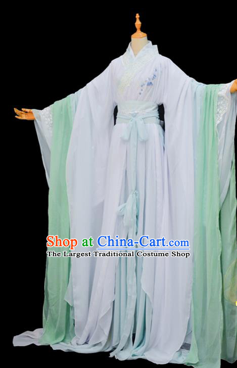 China Ancient Goddess White Garments Traditional Jin Dynasty Empress Hanfu Dress Cosplay Swordswoman Bai Qian Clothing