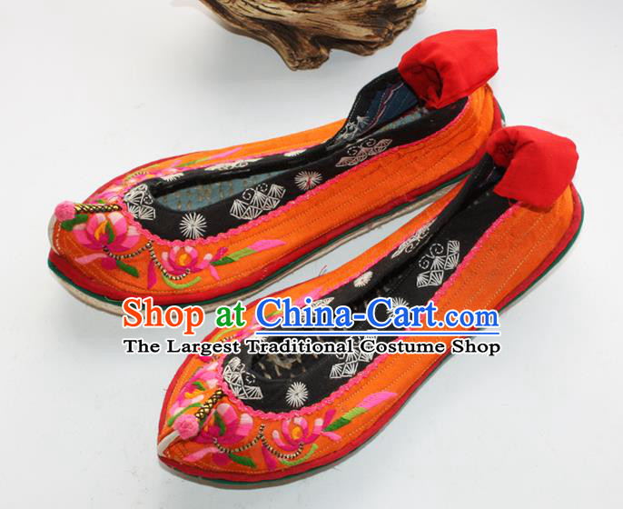 Chinese Yunnan Ethnic Dance Shoes Traditional Orange Cloth Shoes Handmade Embroidered Shoes Yi Nationality Shoes