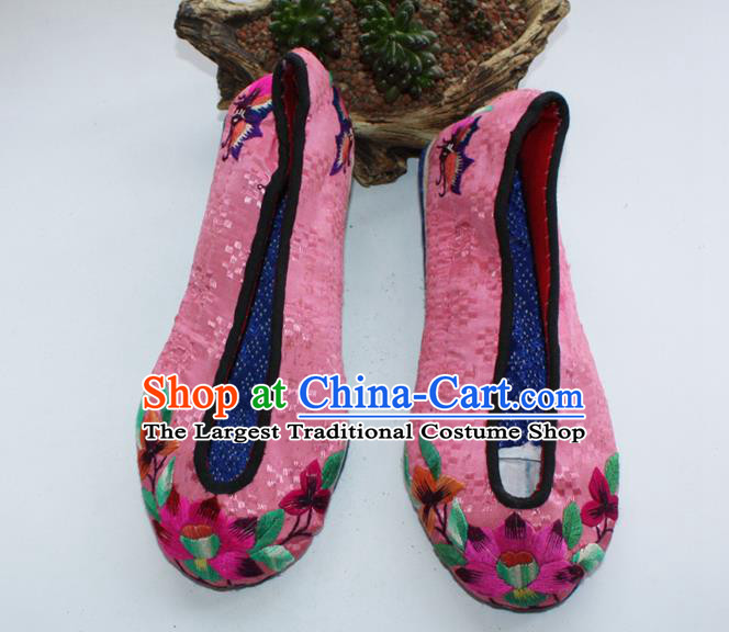 Chinese Handmade Pink Satin Shoes Yi Nationality Embroidered Shoes Yunnan Ethnic Dance Shoes